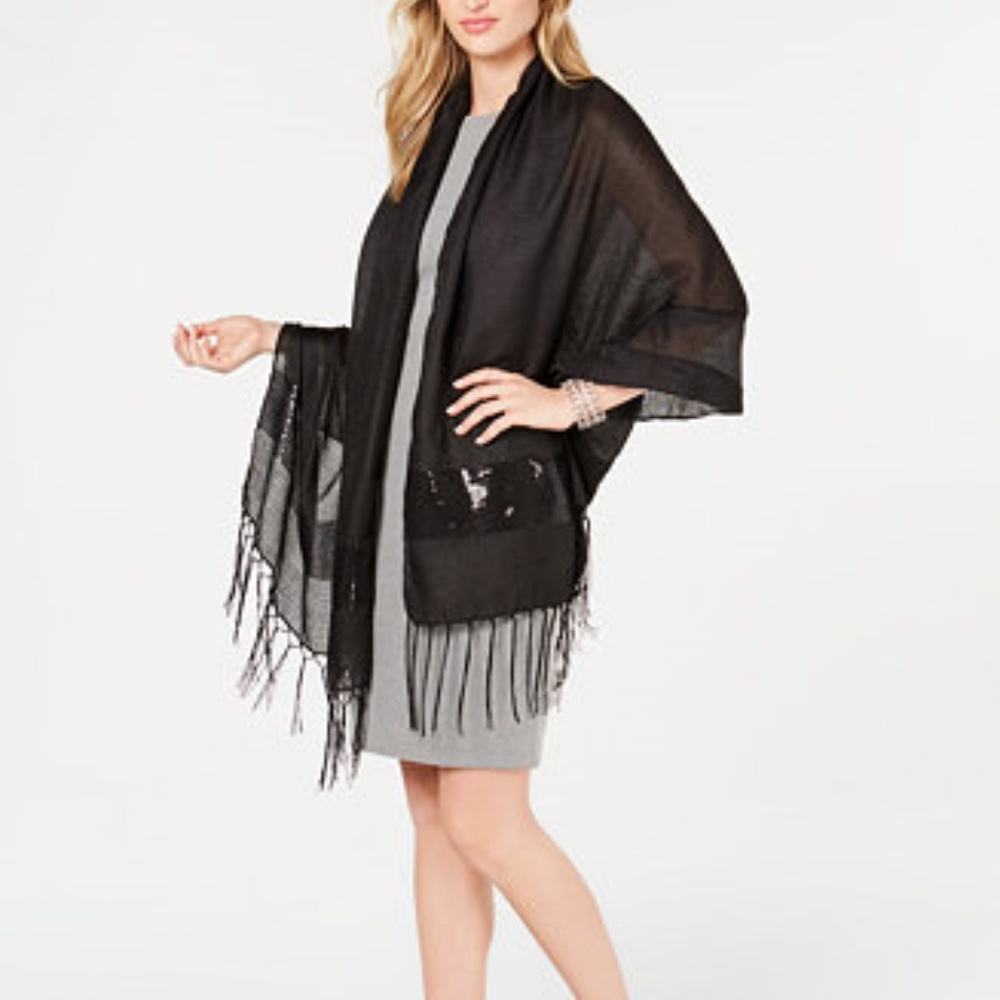 INC Sequin Oversized Party Evening Wrap Black